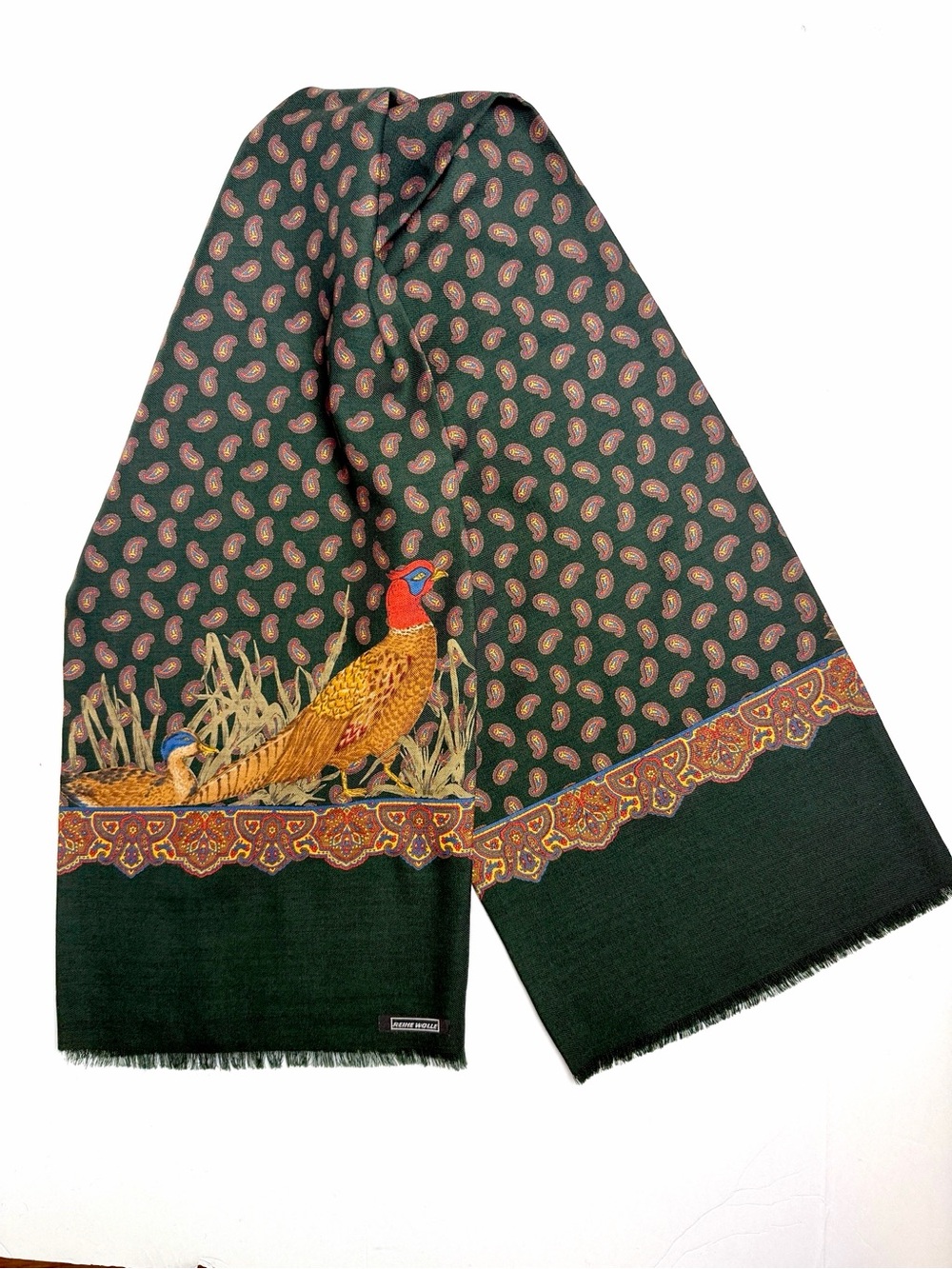 Men's Double Layer Scarf Green Pheasant Duck Paisley Wool  11x53" Vintage